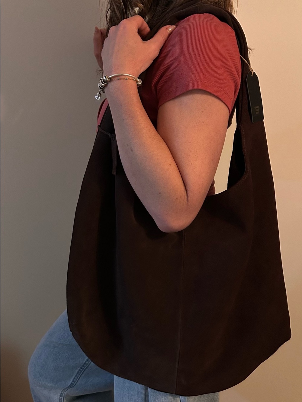 Dark Brown Suede Leather Shoulder Tote Bag